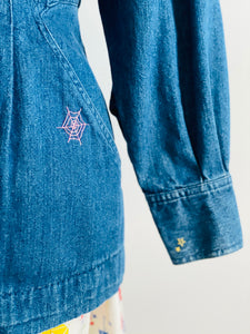 Vintage 1970s blue denim with novelty embroidery