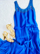 Load image into Gallery viewer, Vintage 1920s royal blue silk chiffon dress with Art Deco rhinestones
