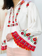 Load image into Gallery viewer, Vintage 1970s Embroidered Cotton Blouse with Crochet Flared Sleeves
