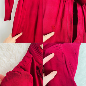 1930s Burgundy Color Rayon Crepe Dress w Velvet Bows Ruffled Hem