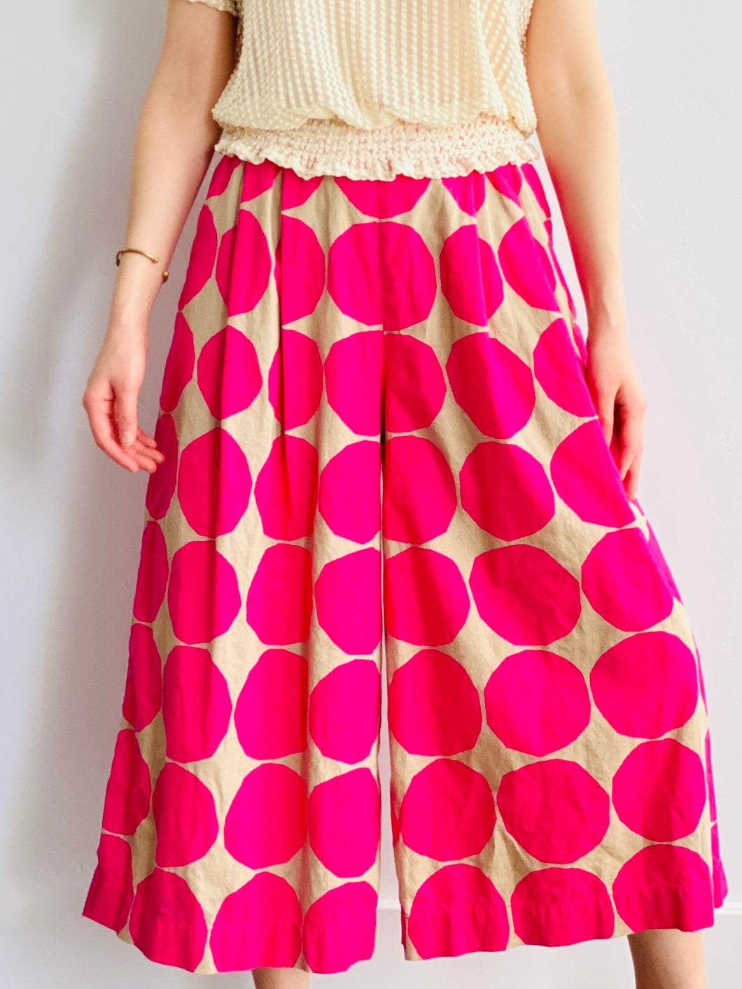 Hot Pink Circle Pattern Wide Leg Pants Linen Cotton Blend