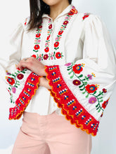 Load image into Gallery viewer, Vintage 1970s Embroidered Cotton Blouse with Crochet Flared Sleeves
