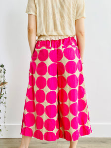 Hot Pink Circle Pattern Wide Leg Pants Linen Cotton Blend