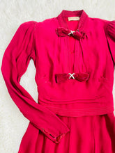 Load image into Gallery viewer, 1930s Burgundy Color Rayon Crepe Dress w Velvet Bows Ruffled Hem
