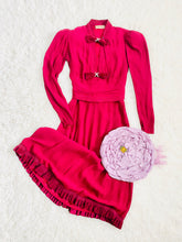 Load image into Gallery viewer, 1930s Burgundy Color Rayon Crepe Dress w Velvet Bows Ruffled Hem
