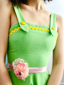 Vintage 1960s green pinafore overall dress