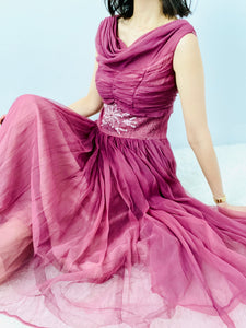 Vintage 1950s deep mauvey pink color beaded dress