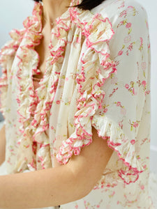 Vintage 1920s ruched pink floral boudoir bed jacket