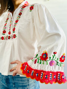 Vintage 1970s Embroidered Cotton Blouse with Crochet Flared Sleeves