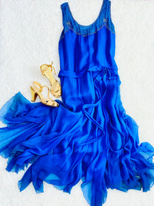 Vintage 1920s royal blue silk chiffon dress with Art Deco rhinestones