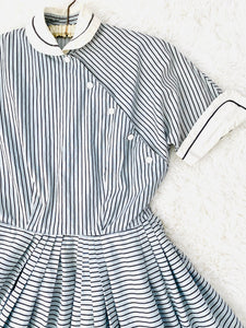 Vintage 1940s Asymmetrical Buttons Striped Dress