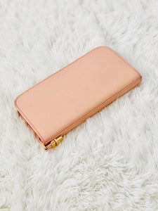 vintage pink YSL wallet with gold buckle and zipper 