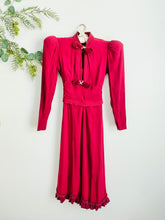 Load image into Gallery viewer, 1930s Burgundy Color Rayon Crepe Dress w Velvet Bows Ruffled Hem
