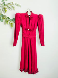 1930s Burgundy Color Rayon Crepe Dress w Velvet Bows Ruffled Hem