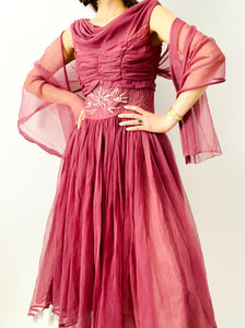 Vintage 1950s deep mauvey pink color beaded dress