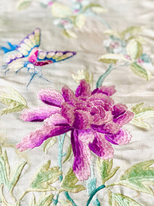 Vintage 1930s Chinese embroidery art pastel peonies and butterfly