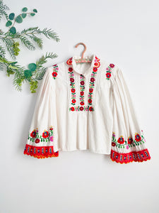 Vintage 1970s Embroidered Cotton Blouse with Crochet Flared Sleeves