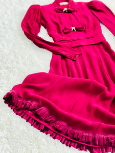 1930s Burgundy Color Rayon Crepe Dress w Velvet Bows Ruffled Hem
