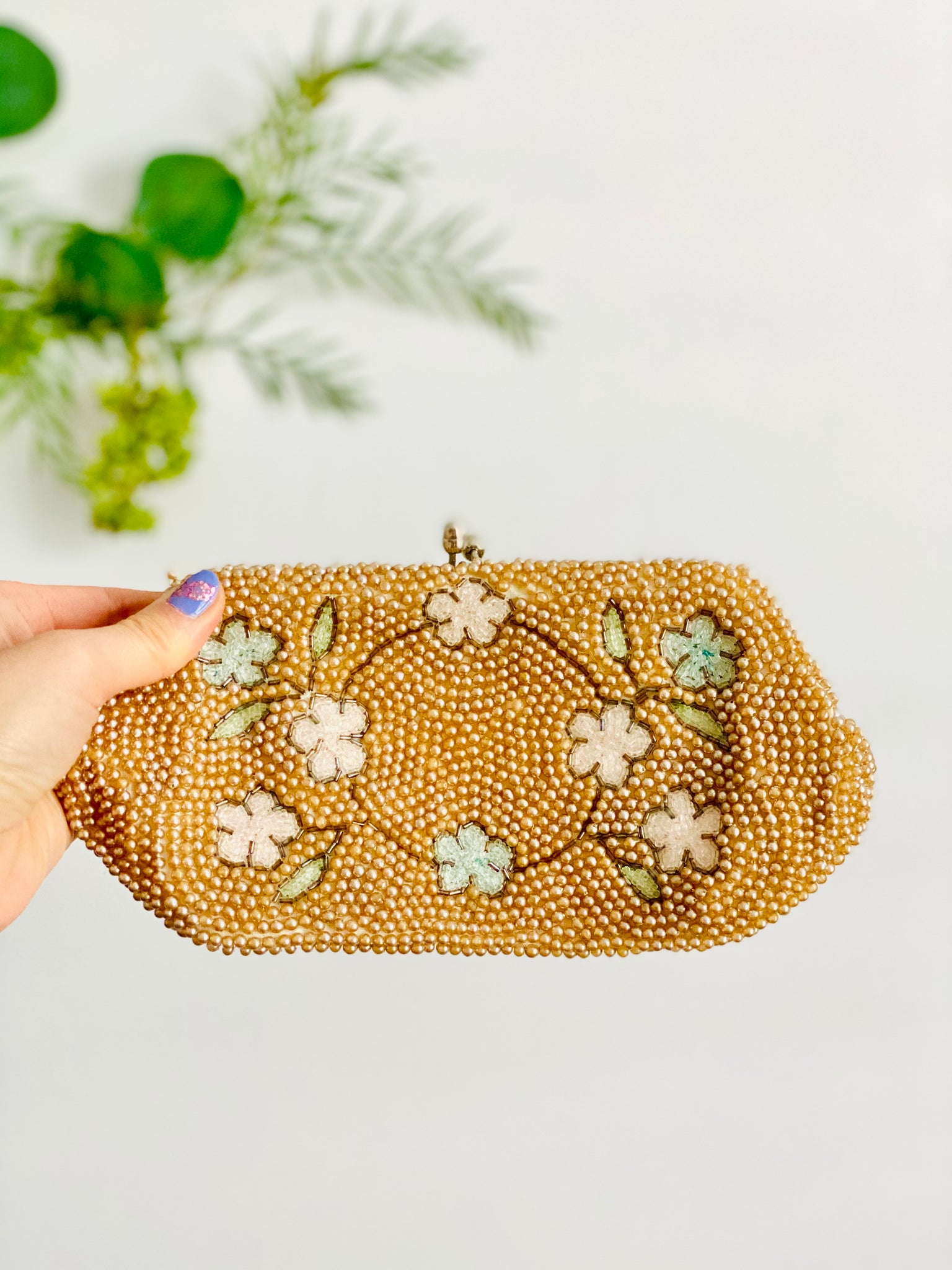 1940s 50s Pastel Beaded Evening Bag - Pearls & Embroidered Flowers