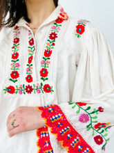 Load image into Gallery viewer, Vintage 1970s Embroidered Cotton Blouse with Crochet Flared Sleeves
