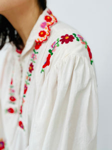 Vintage 1970s Embroidered Cotton Blouse with Crochet Flared Sleeves