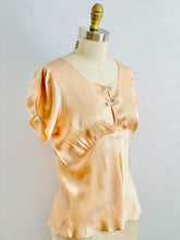 Load image into Gallery viewer, 1930s Silk Satin Top w Pastel Blue Velvet Ribbon Bows Vintage Lingerie
