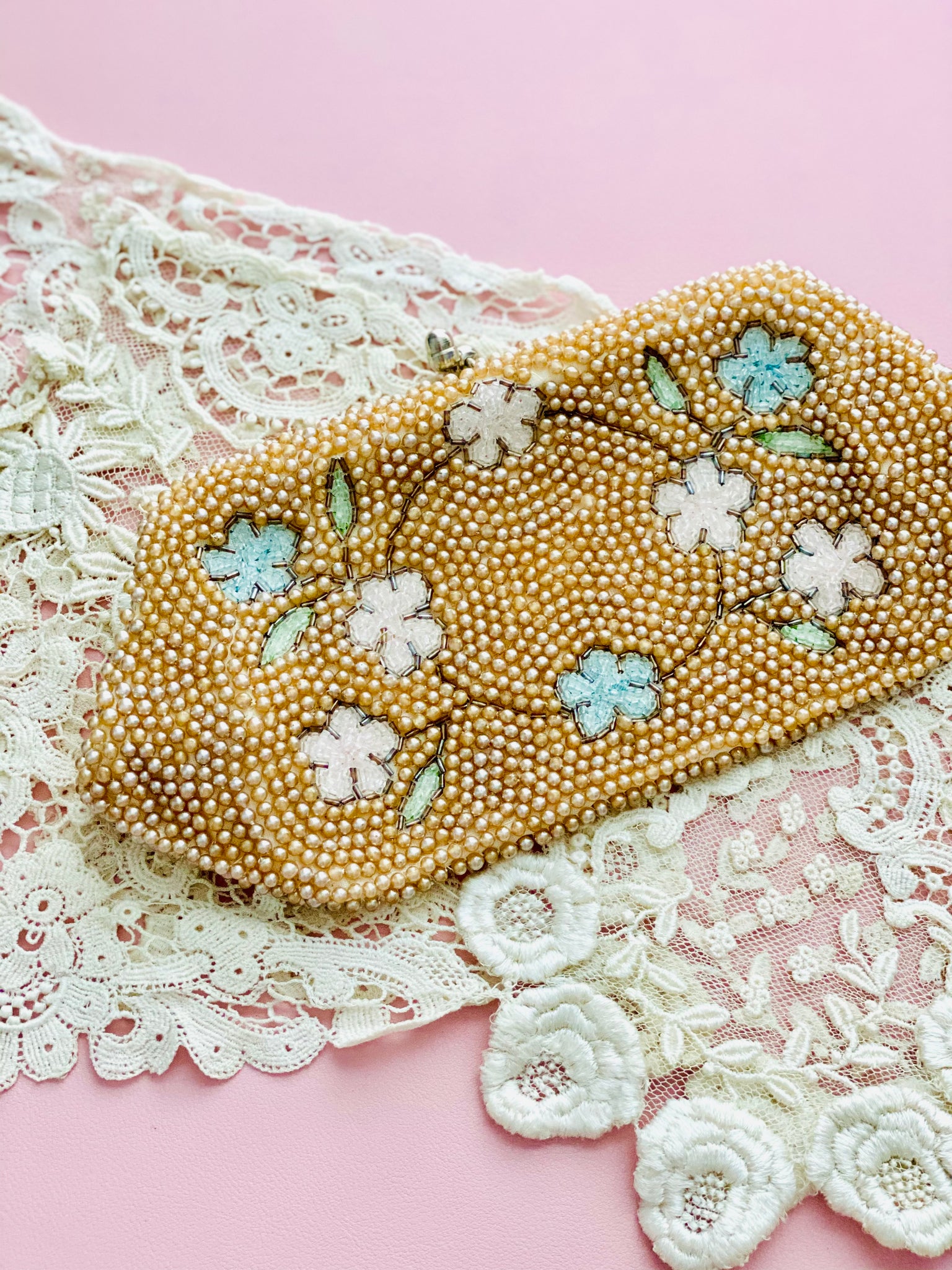 1940s 50s Pastel Beaded Evening Bag - Pearls & Embroidered Flowers