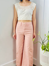 Load image into Gallery viewer, 1910s Edwardian White Crochet Lace top with pink high waisted pants on model
