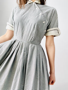 Vintage 1940s Asymmetrical Buttons Striped Dress