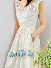 Load image into Gallery viewer, 1910s Edwardian White Crochet Lace top with white embroidered cotton skirt on model
