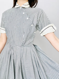 Vintage 1940s Asymmetrical Buttons Striped Dress