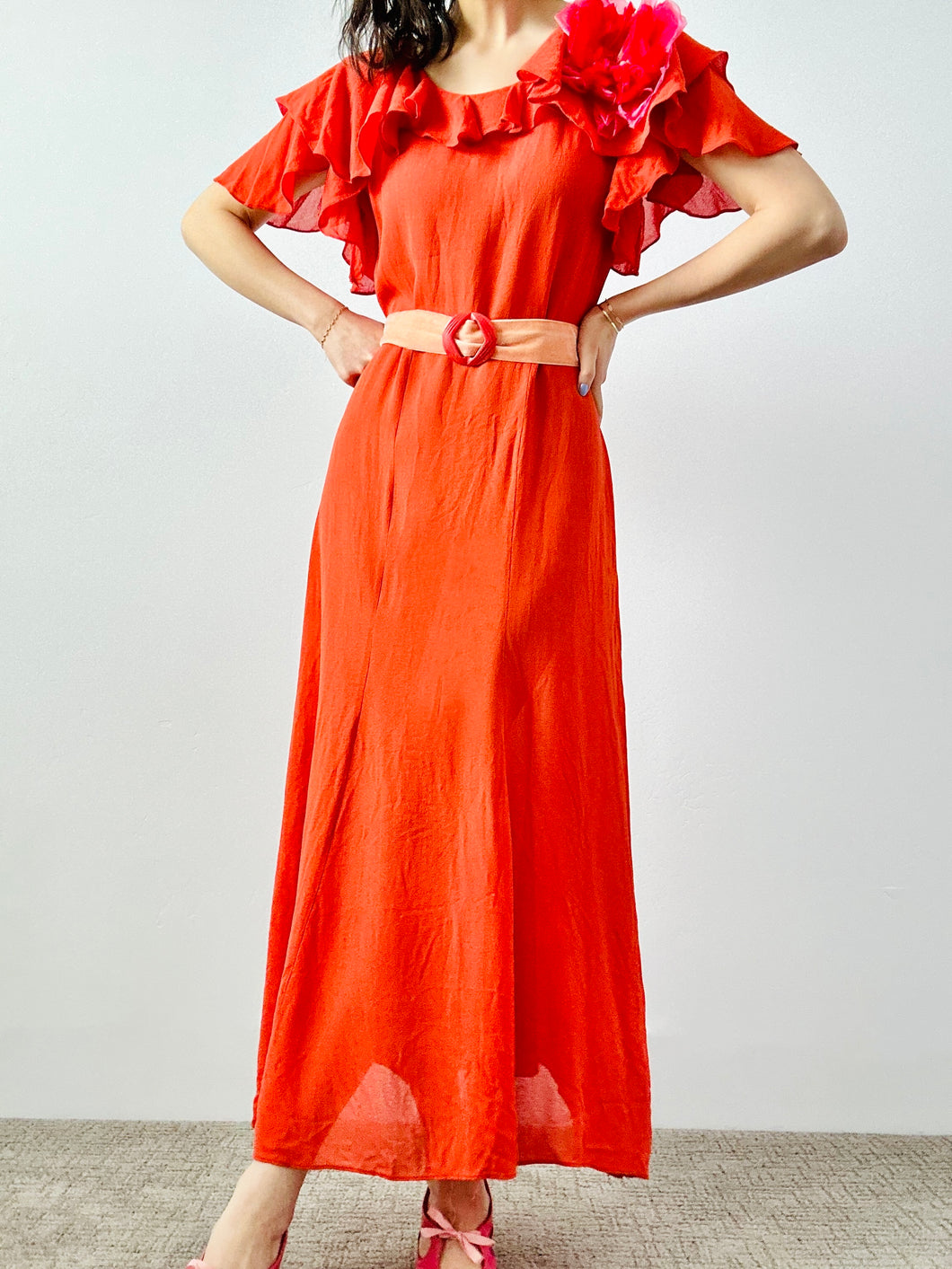 Vintage 1930s coral color silk dress