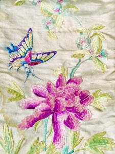 Vintage 1930s Chinese embroidery art pastel peonies and butterfly