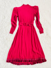 Load image into Gallery viewer, 1930s Burgundy Color Rayon Crepe Dress w Velvet Bows Ruffled Hem
